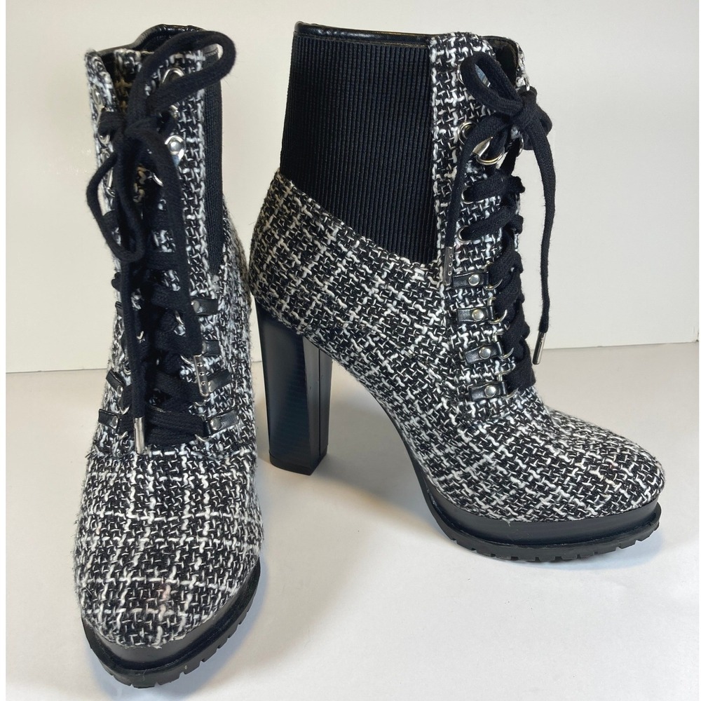 Ayah‎ Shoe Dazzle Women Black White Tweed Lace Up Block Heel Ankle Boots 8